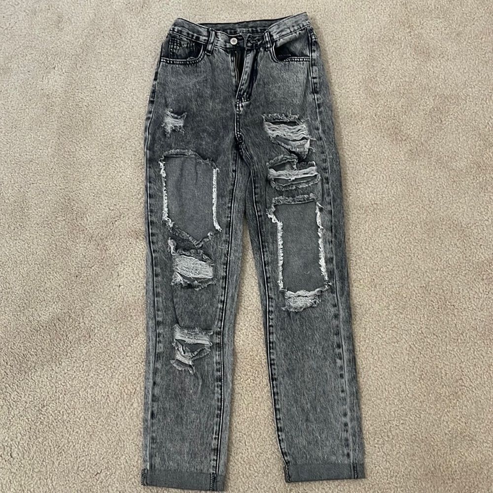 Shein High Waist Ripped Mom Jeans Xs Grey.